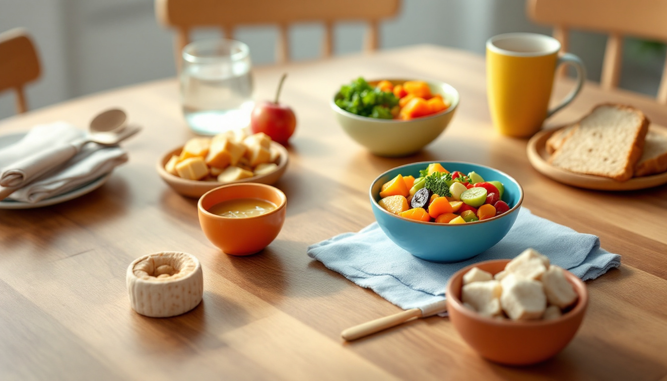 Ernährung Grundlagen für Kleinkinder: gesunde Mahlzeit mit Gemüse, Obst und Vollkornbrot