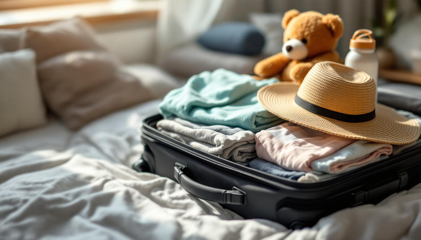 Gepackter Koffer mit Kinderkleidung und Reisebett für Urlaubsreisen mit Kleinkind
